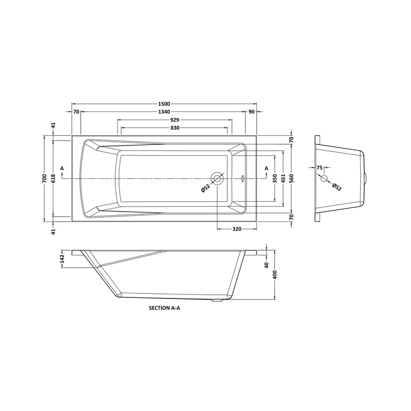 Nuie Linton Square Single Ended Bath 1500 X 700mm Contemporary European White Acrylic