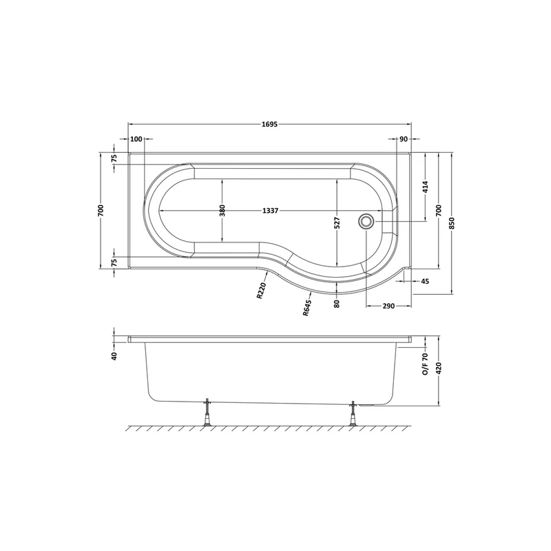 Nuie Shower Baths 1700mm Right Hand P-shaped Bath Contemporary White Acrylic 415x850x415mm
