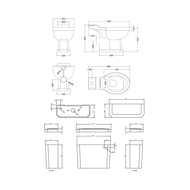 Nuie Carlton Close Coupled Pan Cistern & Seat Traditional White Vitreous China 820x470x690mm