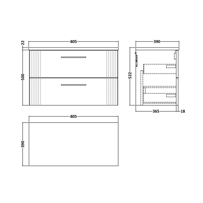 Nuie Deco 800 Wall Hung 2-drawer Vanity & Laminate Worktop Contemporary Soft Black MFC Painted Gloss 522x805x390mm