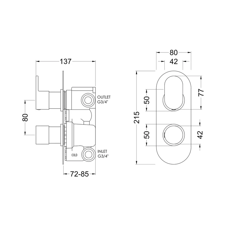 Nuie Binsey Twin Thermostatic Valve With Diverter Contemporary Chrome Brass ABS 215x80x136mm