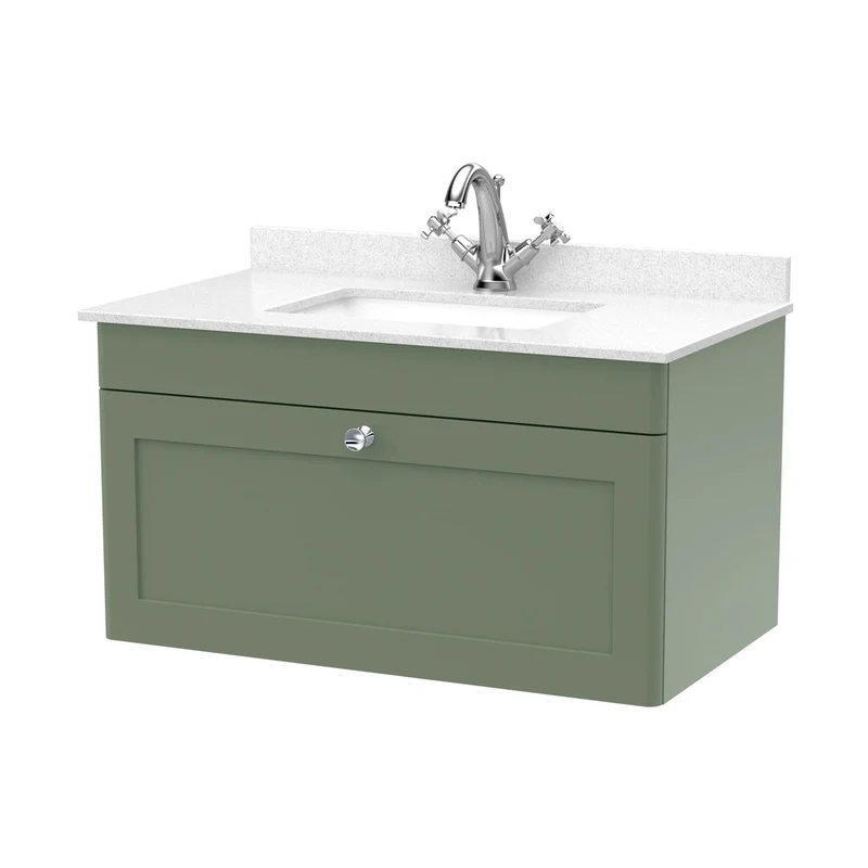 Nuie Classique 800mm Wall Hung 1 Drawer Vanity & Marble Top 1th Traditional Satin Green MFC Painted Matt 445x820x463mm - CLC896WS1