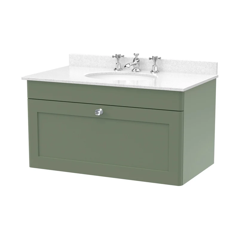 Nuie Classique 800mm Wall Hung 1 Drawer Vanity & Marble Top 3th Traditional Satin Green MFC Painted Matt 445x820x463mm - CLC896WR3