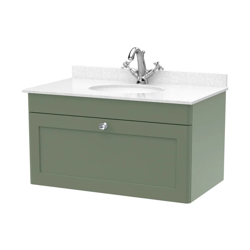 Nuie Classique 800mm Wall Hung 1 Drawer Vanity & Marble Top 1th Traditional Satin Green MFC Painted Matt 445x820x463mm - CLC896WR1