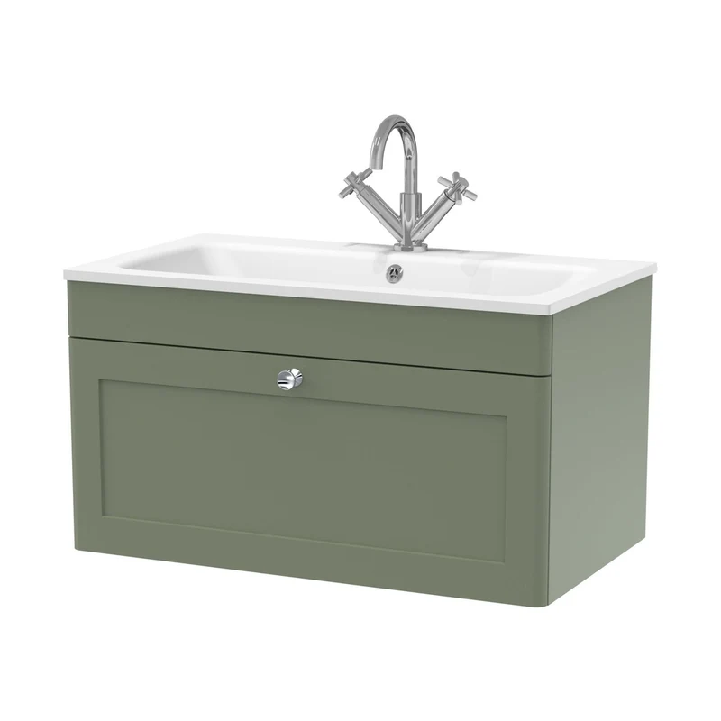 Nuie Classique 800mm Wall Hung 1-drawer Unit & Stone Basin 1th Traditional Satin Green MFC Painted Matt,stone 447x805x460mm - CLC896P