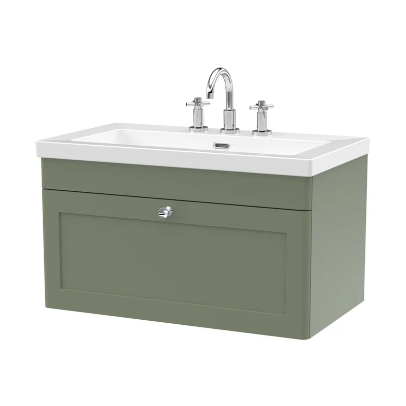 Nuie Classique 800mm Wall Hung Single Drawer Vanity With Basin - 3 Tap Hole Traditional Satin Green Fireclay 476x813x462mm