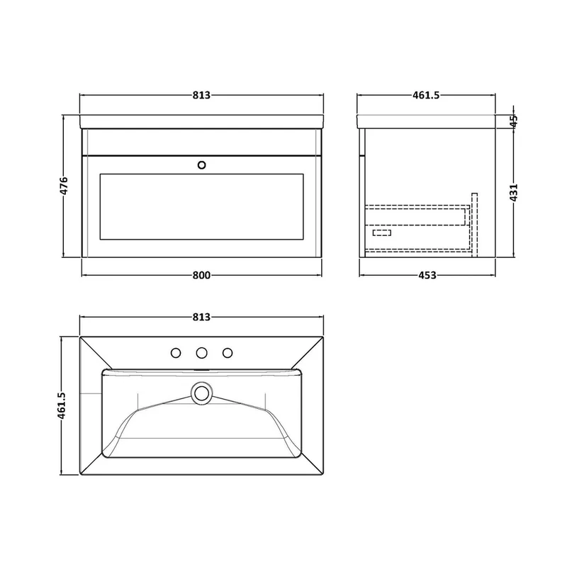 Nuie Classique 800mm Wall Hung Single Drawer Vanity With Basin - 3 Tap Hole Traditional Satin Green Fireclay 476x813x462mm