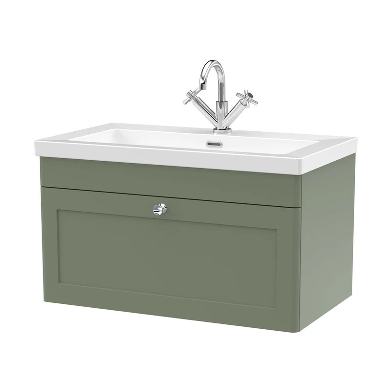 Nuie Classique 800mm Wall Hung Single Drawer Vanity With Basin - 1 Tap Hole Traditional Satin Green Fireclay 476x813x462mm
