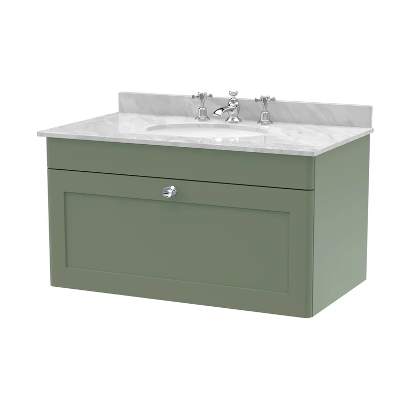Nuie Classique 800mm Wall Hung 1 Drawer Vanity & Marble Top 3th Traditional Satin Green MFC Painted Matt 445x820x463mm - CLC896GR3