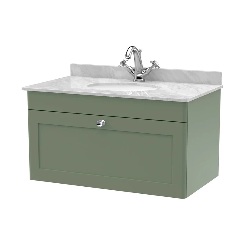 Nuie Classique 800mm Wall Hung 1 Drawer Vanity & Marble Top 1th Traditional Satin Green MFC Painted Matt 445x820x463mm - CLC896GR1