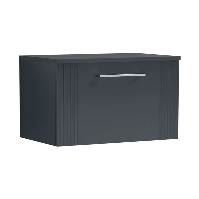 Nuie Deco 600mm Wall Hung Single Drawer Vanity & Worktop Contemporary Soft Black MFC Painted Gloss 377x605x390mm