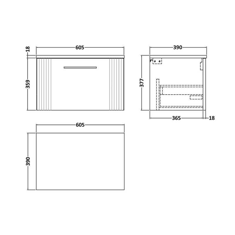 Nuie Deco 600mm Wall Hung Single Drawer Vanity & Worktop Contemporary Soft Black MFC Painted Gloss 377x605x390mm