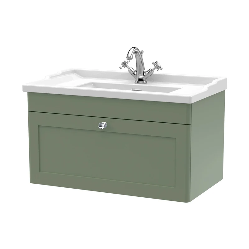 Nuie Classique 800mm Wall Hung 1 Drawer Vanity & Basin 1th Traditional Satin Green MFC Painted Matt 489x820x480mm