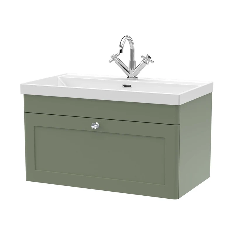 Nuie Classique 800mm Wall Hung Single Drawer Vanity With Basin - 1 Tap Hole Traditional Satin Green Vitreous China 481x810x460mm