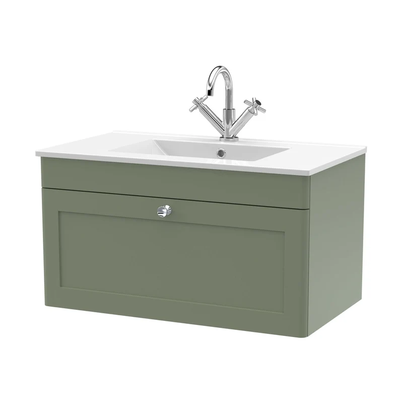 Nuie Classique 800mm Wall Hung Single Drawer Vanity With Basin - 1 Tap Hole Traditional Satin Green Vitreous China 449x805x460mm
