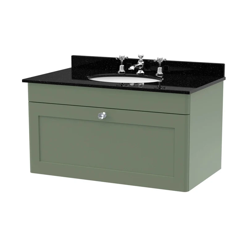 Nuie Classique 800mm Wall Hung 1 Drawer Vanity & Marble Top 3th Traditional Satin Green MFC Painted Matt 445x820x463mm - CLC896BR3