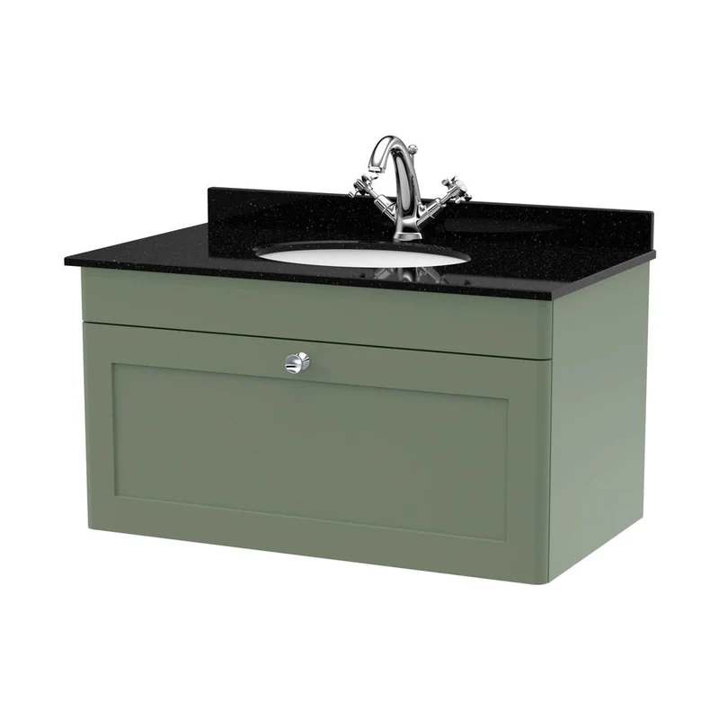 Nuie Classique 800mm Wall Hung 1 Drawer Vanity & Marble Top 1th Traditional Satin Green MFC Painted Matt 445x820x463mm - CLC896BR1