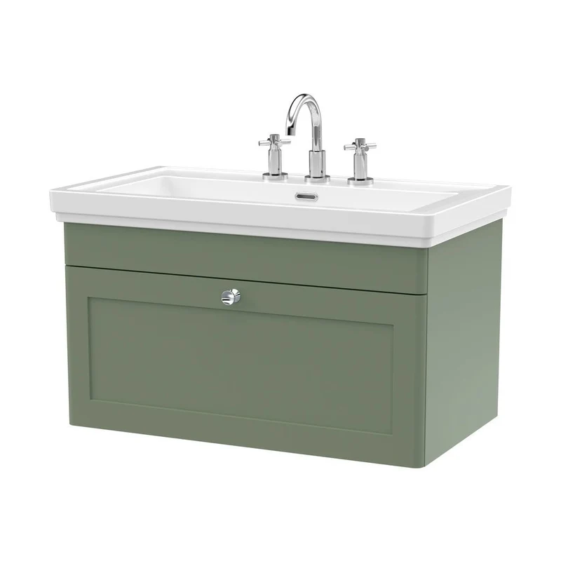 Nuie Classique 800mm Wall Hung 1-drawer Vanity & Basin 3th Traditional Satin Green MFC Painted Matt 496x830x470mm
