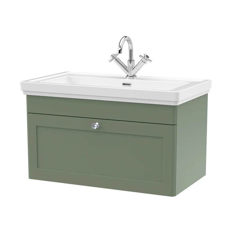 Nuie Classique 800mm Wall Hung 1-drawer Vanity & Basin 1th Traditional Satin Green MFC Painted Matt 496x830x470mm