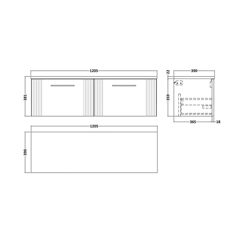 Nuie Deco 1200 Wall Hung 2-drawer Vanity & Laminate Worktop Contemporary Soft Black MFC Painted Gloss 405x1215x455mm - DPF1494LCM2