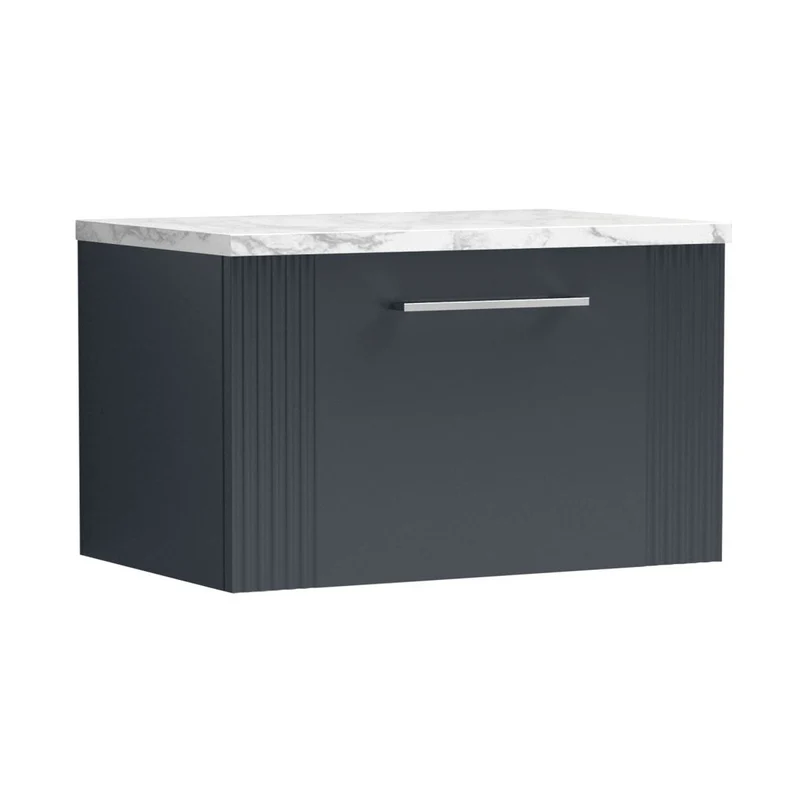 Nuie Deco 600 Wall Hung Single Drawer Vanity & Laminate Worktop Contemporary Soft Black MFC Painted Gloss 381x605x390mm