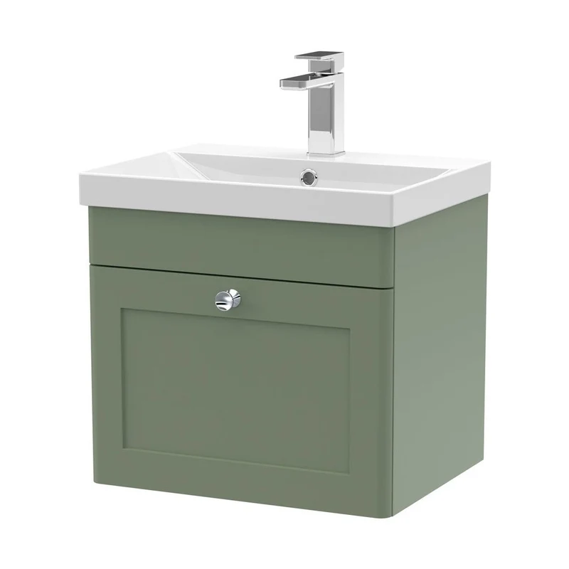 Nuie Classique 500mm Wall Hung 1 Drawer Vanity & Basin 3 Traditional Satin Green MFC Painted Matt 481x510x395mm
