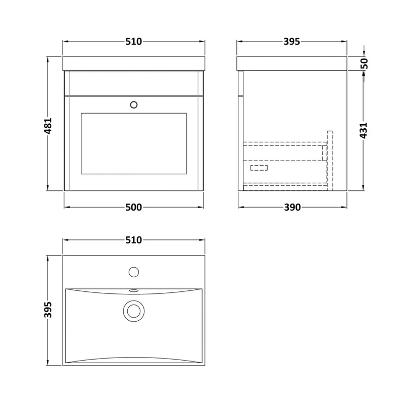 Nuie Classique 500mm Wall Hung 1 Drawer Vanity & Basin 3 Traditional Satin Green MFC Painted Matt 481x510x395mm