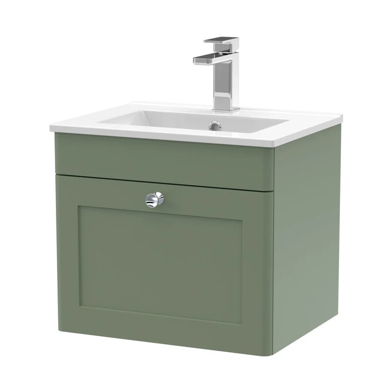 Nuie Classique 500mm Wall Hung 1 Drawer Vanity & Basin 2 Traditional Satin Green MFC Painted Matt 449x500x390mm