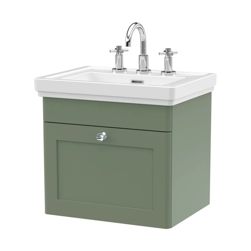 Nuie Classique 500mm Wall Hung 1-drawer Vanity & Basin 3th Traditional Satin Green MFC Painted Matt 496x531x406mm