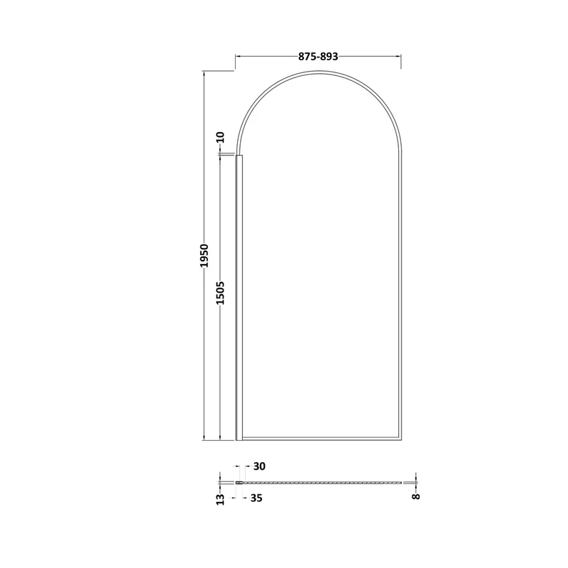 Hudson Reed Wetroom Screens 900mm Arched Wetroom Screen Contemp Matt Black Aluminium 1950x893x14mm