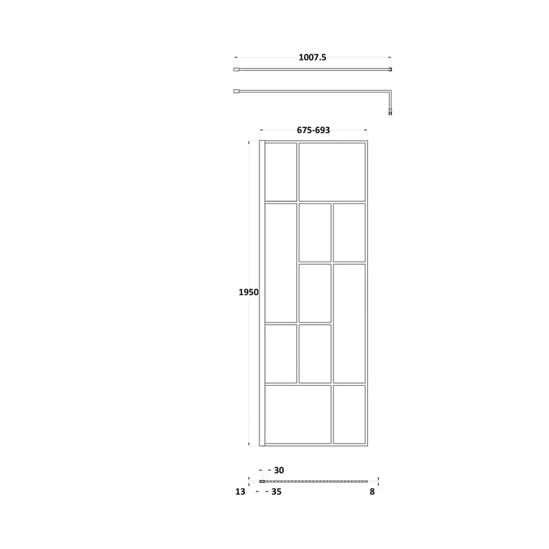 Hudson Reed Wetroom Screens 700mm Abstract Frame Wetroom Screen Contemp Matt Black Aluminium 1950x700x14mm