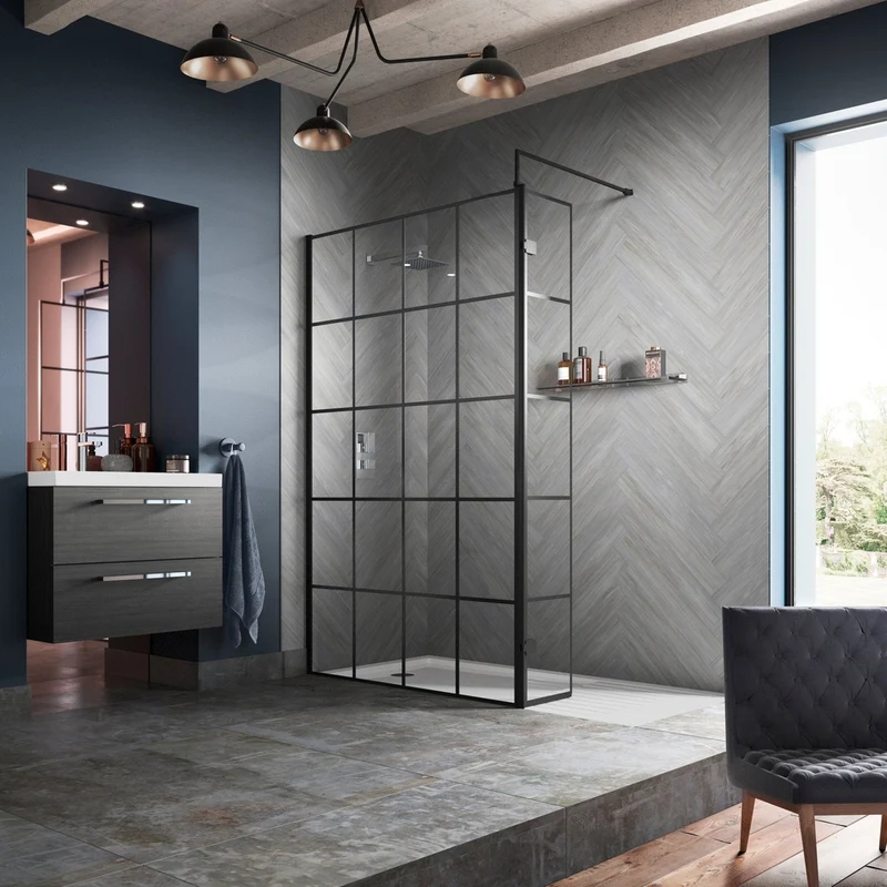 Hudson Reed Wetroom Screens 1400mm Framed Wetroom Screen Contemp Matt Black Aluminium 1950x1400x14mm