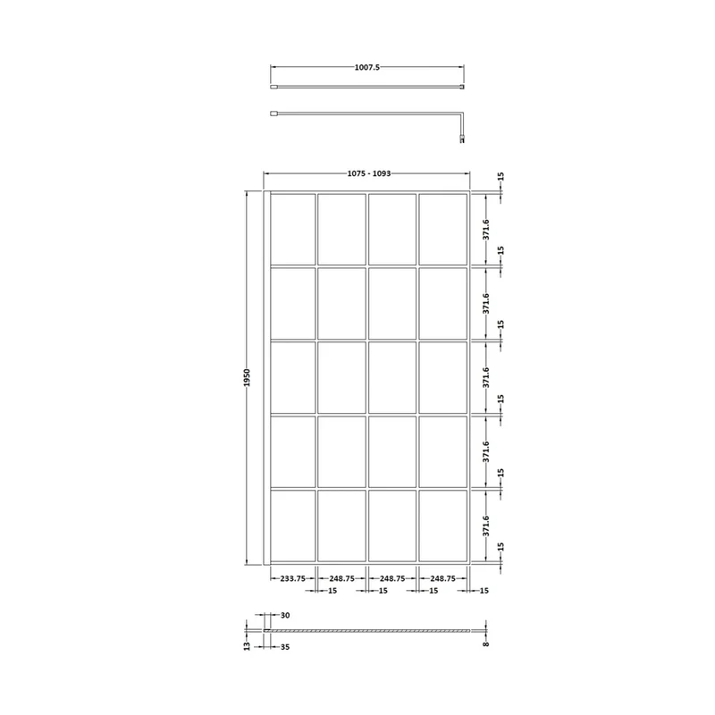 Hudson Reed Wetroom Screens 1100mm Framed Wetroom Screen Contemp Matt Black Aluminium 1950x1100x14mm