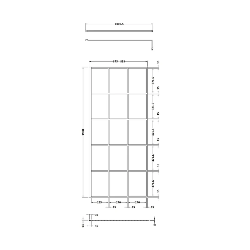 Hudson Reed Wetroom Screens 900mm Framed Wetroom Screen Contemp Matt Black Aluminium 1950x900x14mm