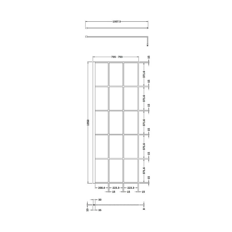 Hudson Reed Wetroom Screens 760mm Framed Wetroom Screen Contemp Matt Black Aluminium 1950x760x14mm