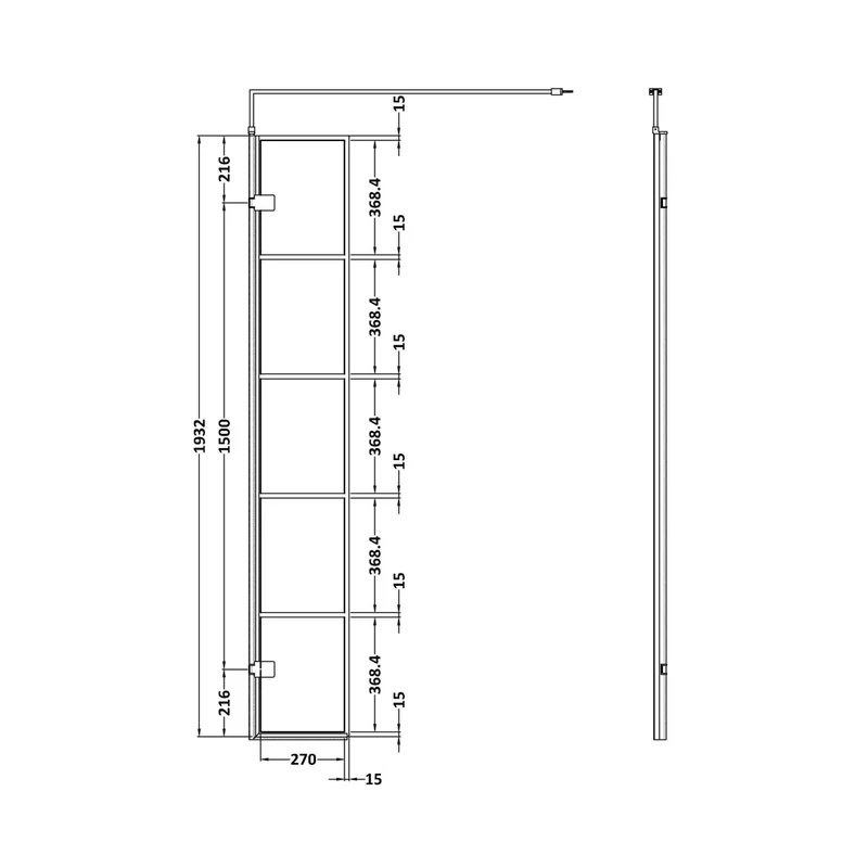 Hudson Reed Wetroom Screens 300mm Wetroom Swing Screen Contemp Matt Black Aluminium 1950x322x27mm - WRSF030H