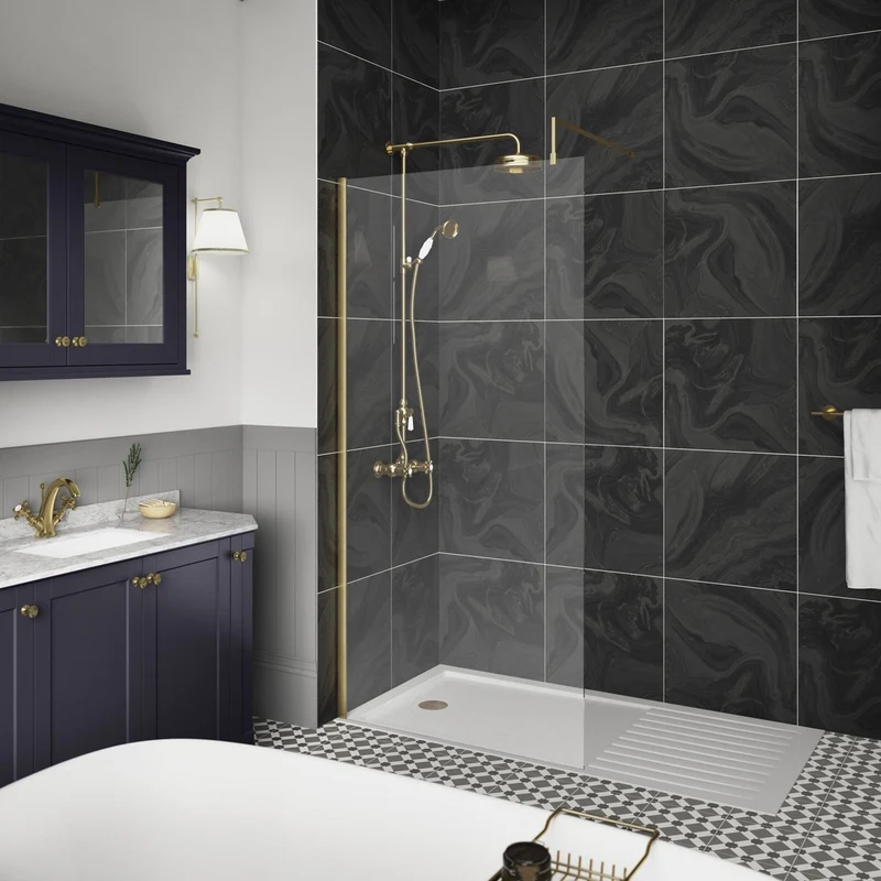 Hudson Reed Wetroom Screens 900mm Wetroom Screen With Brass Support Bar Contemp Brushed Brass Aluminium 1950x900x14mm