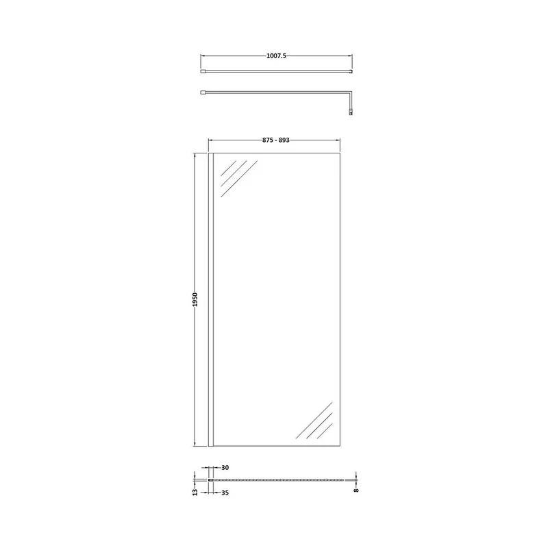 Hudson Reed Wetroom Screens 900mm Wetroom Screen & Support Bar Contemp Chrome Aluminium 1950x900x40mm