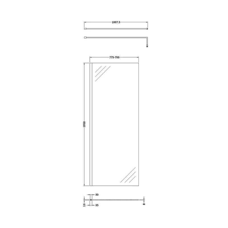 Hudson Reed Wetroom Screens 800mm Wetroom Screen & Support Bar Contemp Chrome Aluminium 1950x800x40mm