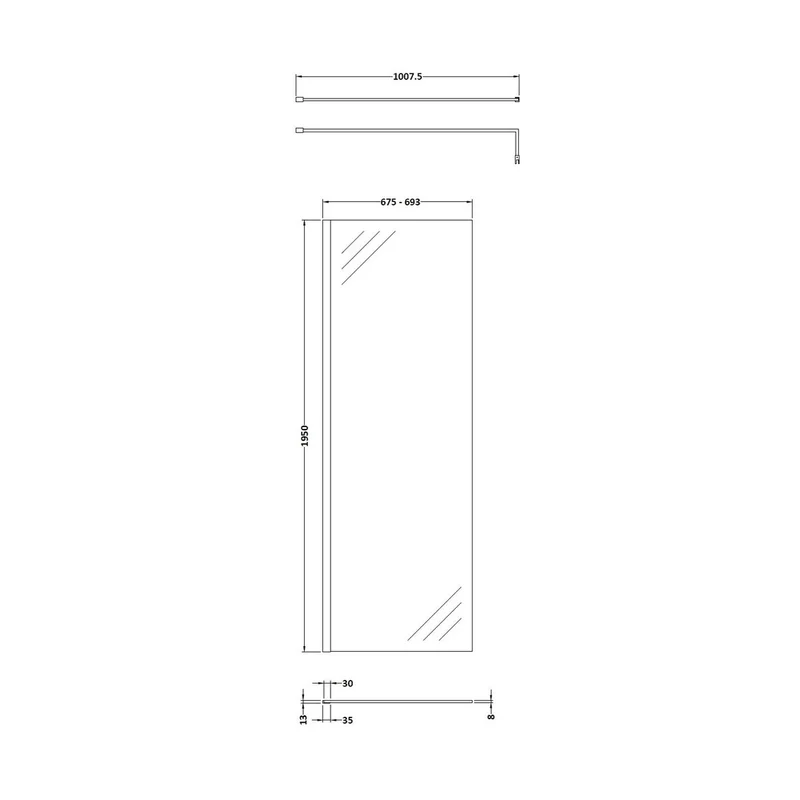 Hudson Reed Wetroom Screens 700mm Wetroom Screen & Support Bar Contemp Chrome Aluminium 1950x700x40mm