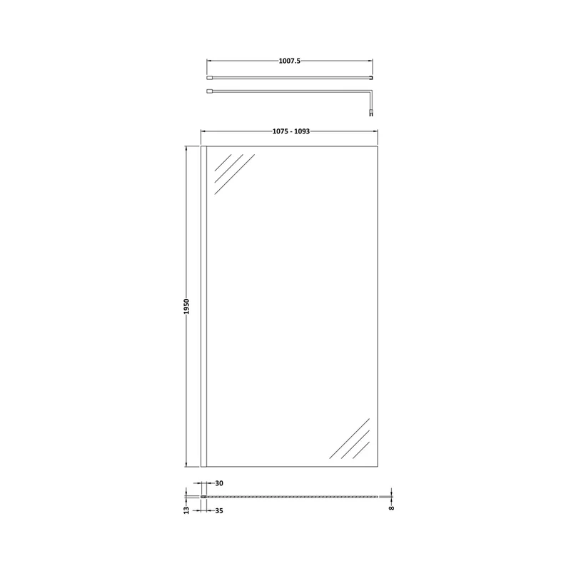 Hudson Reed Wetroom Screens 1100mm Wetroom Screen & Support Bar Contemp Chrome Aluminium 1950x1100x14mm