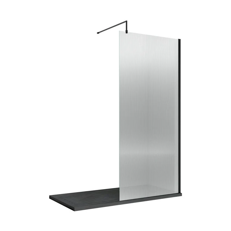 Hudson Reed Wetroom Screens 900mm Fluted Wetroom Screen With Support Bar Contemp Matt Black Aluminium 2070x950x1970mm