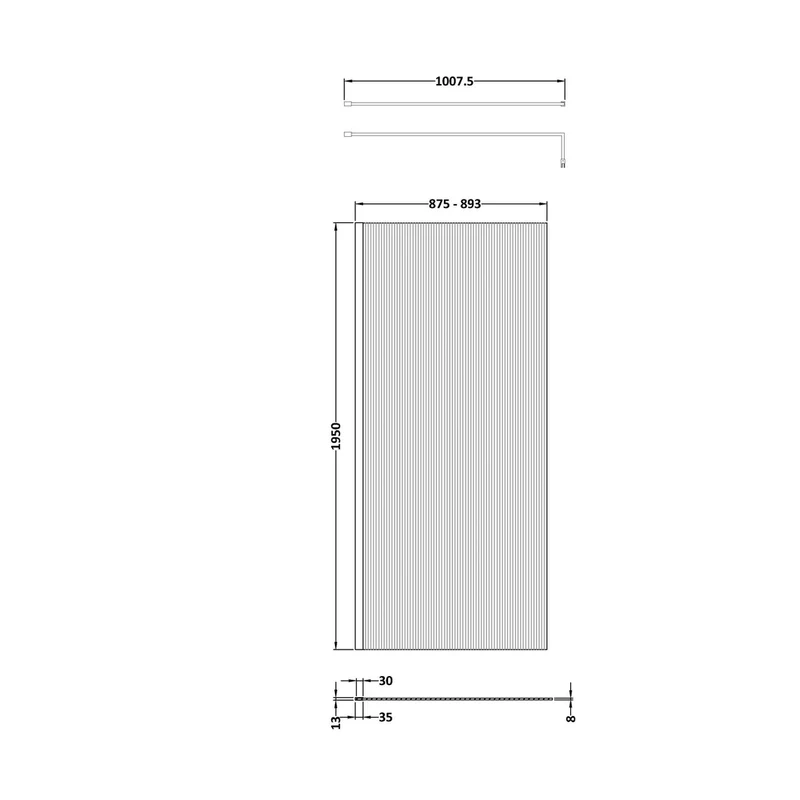 Hudson Reed Wetroom Screens 900mm Fluted Wetroom Screen With Support Bar Contemp Brushed Brass Aluminium 2070x950x1970mm