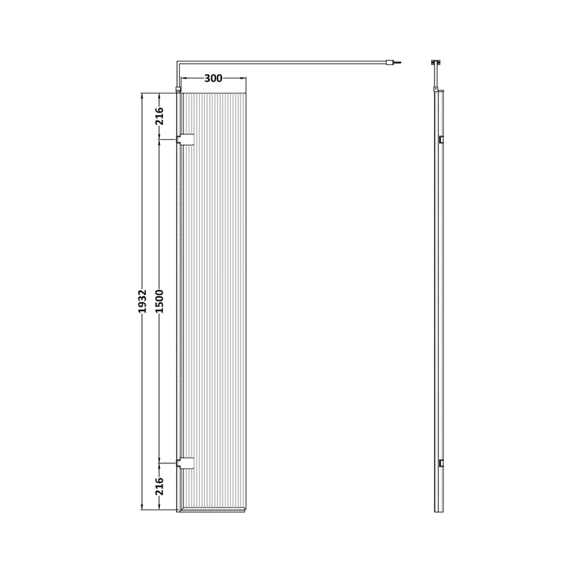 Hudson Reed Wetroom Screens 300x1950 Fluted Hinged Screen With Support Bar Contemp Chrome Aluminium 1950x322x27mm