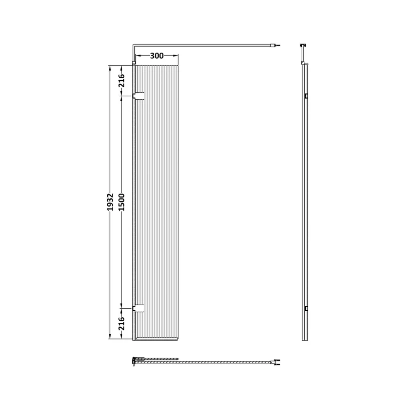 Hudson Reed Wetroom Screens 300x1950 Fluted Hinged Screen With Support Bar Contemp Brushed Brass Aluminium 1950x322x27mm