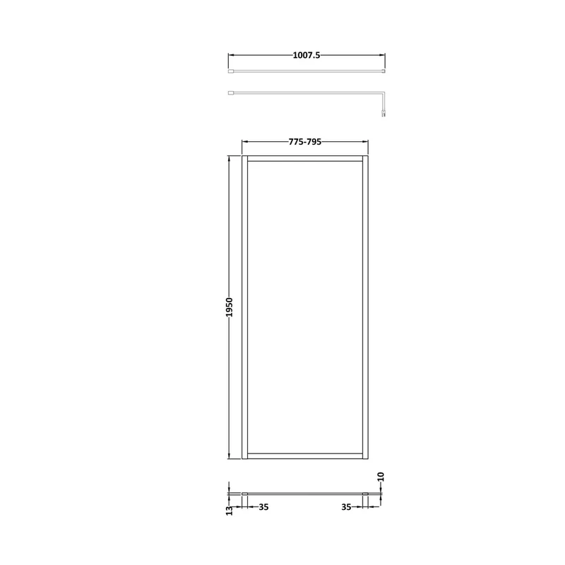 Hudson Reed Wetroom Screens Full Outer Frame Wetroom Screen 1950x800x8mm Contemp Matt Black Aluminium 1950x800x1000mm