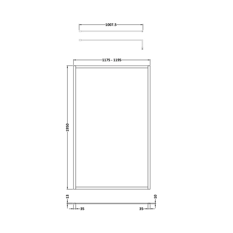 Hudson Reed Wetroom Screens Full Outer Frame Wetroom Screen 1950x1200x8mm Contemp Matt Black Aluminium 1950x1200x1000mm
