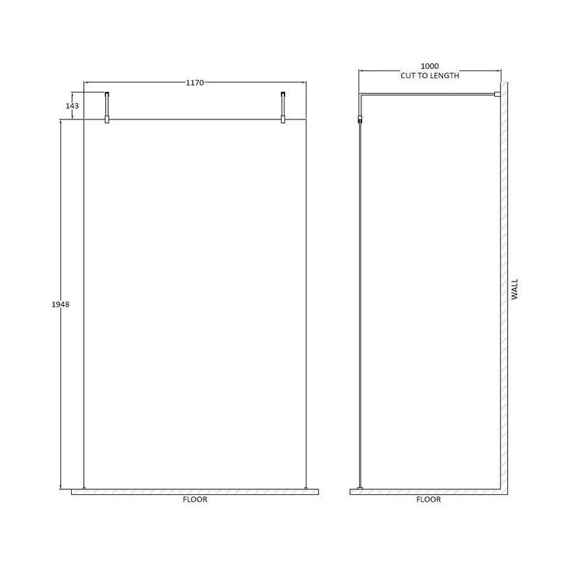 Hudson Reed Wetroom Screens 1200mm Wetroom Screen With Arms And Feet Contemp Matt Black Aluminium 1950x1200x14mm
