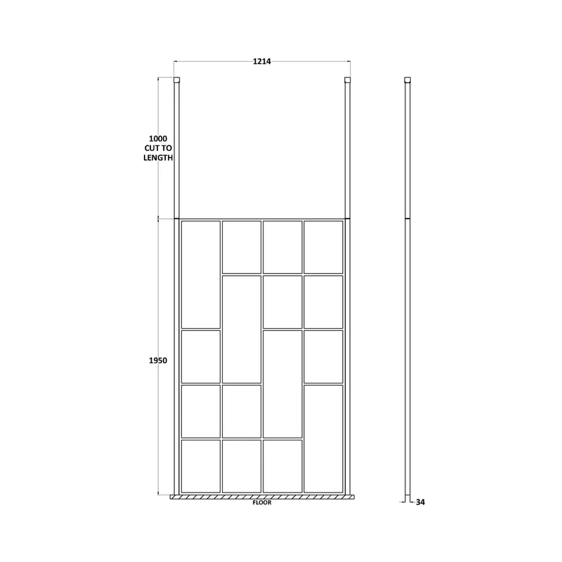 Hudson Reed Wetroom Screens 1200mm Abstract Frame Wetroom Screen With Ceiling Posts Contemp Matt Black Aluminium 1950x1250x60mm