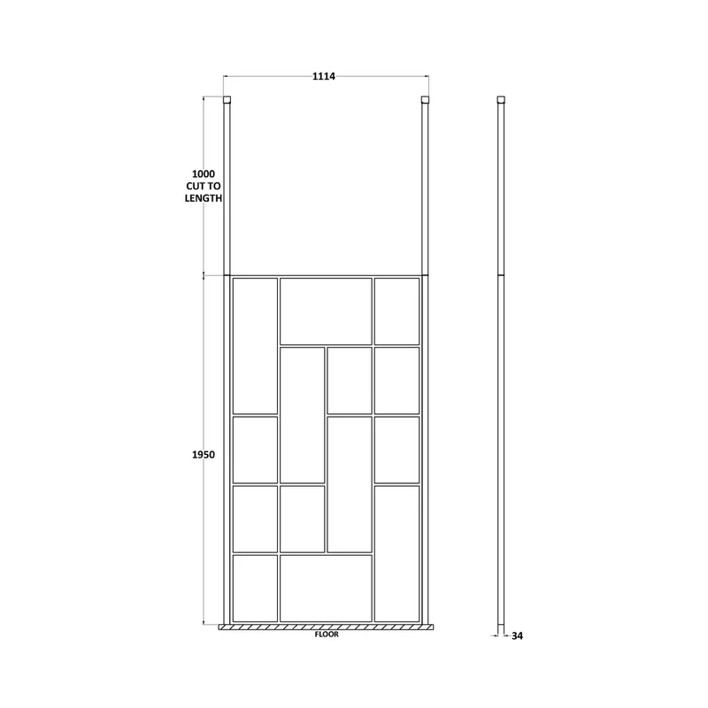 Hudson Reed Wetroom Screens 1100mm Abstract Frame Wetroom Screen With Ceiling Posts Contemp Matt Black Aluminium 1950x1150x60mm